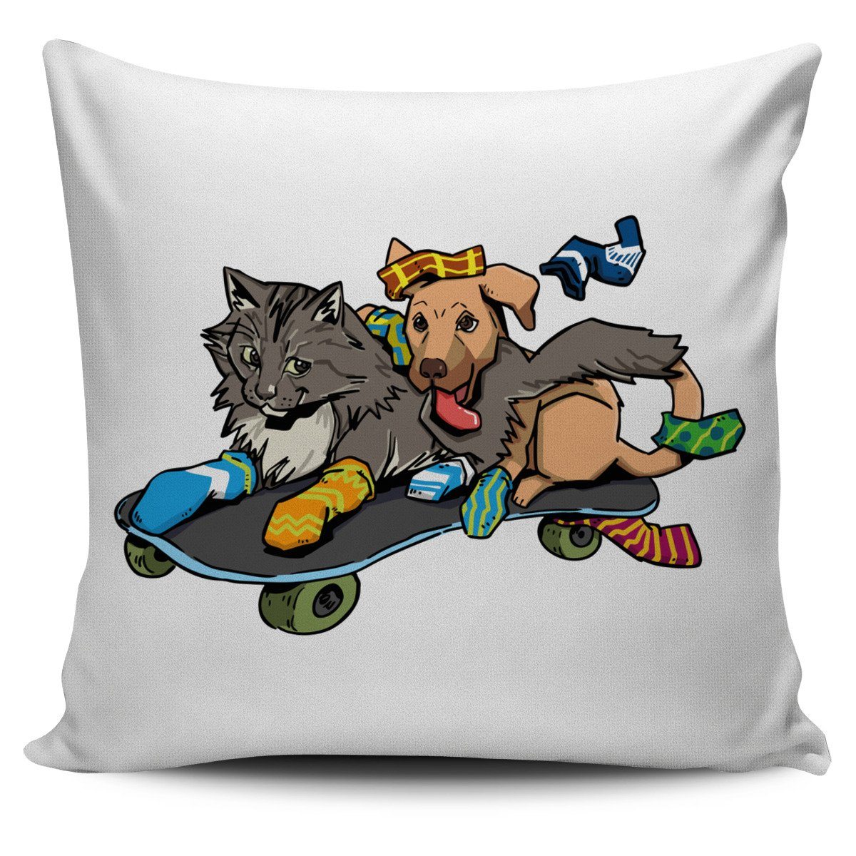 Pillow Cover - Skateboarding Cat and Dog