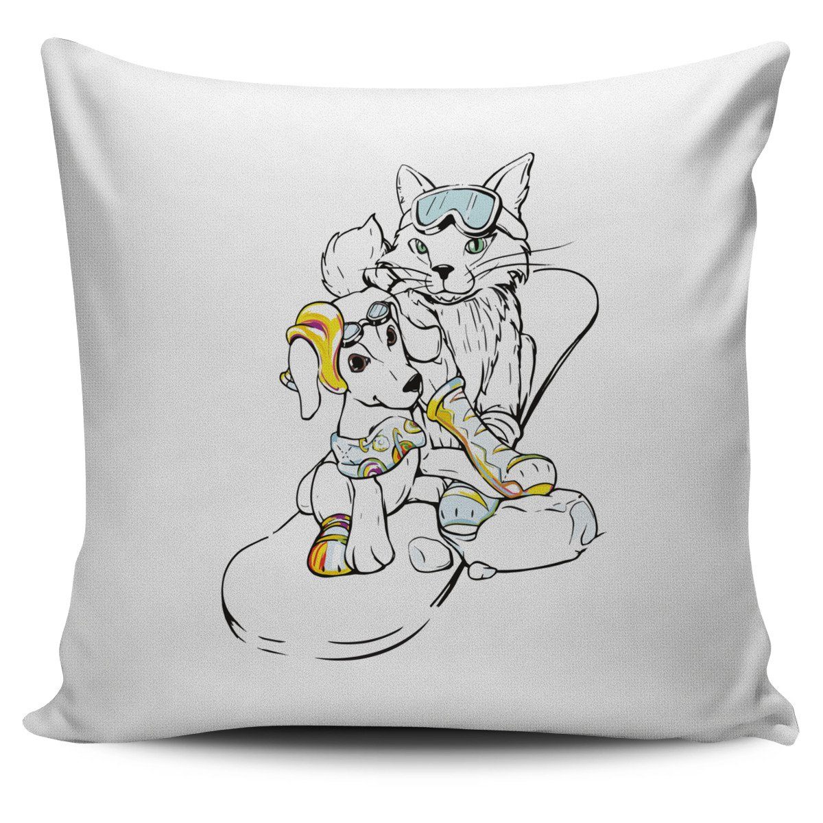 Pillow Cover - Snowboarding Cat and Dog