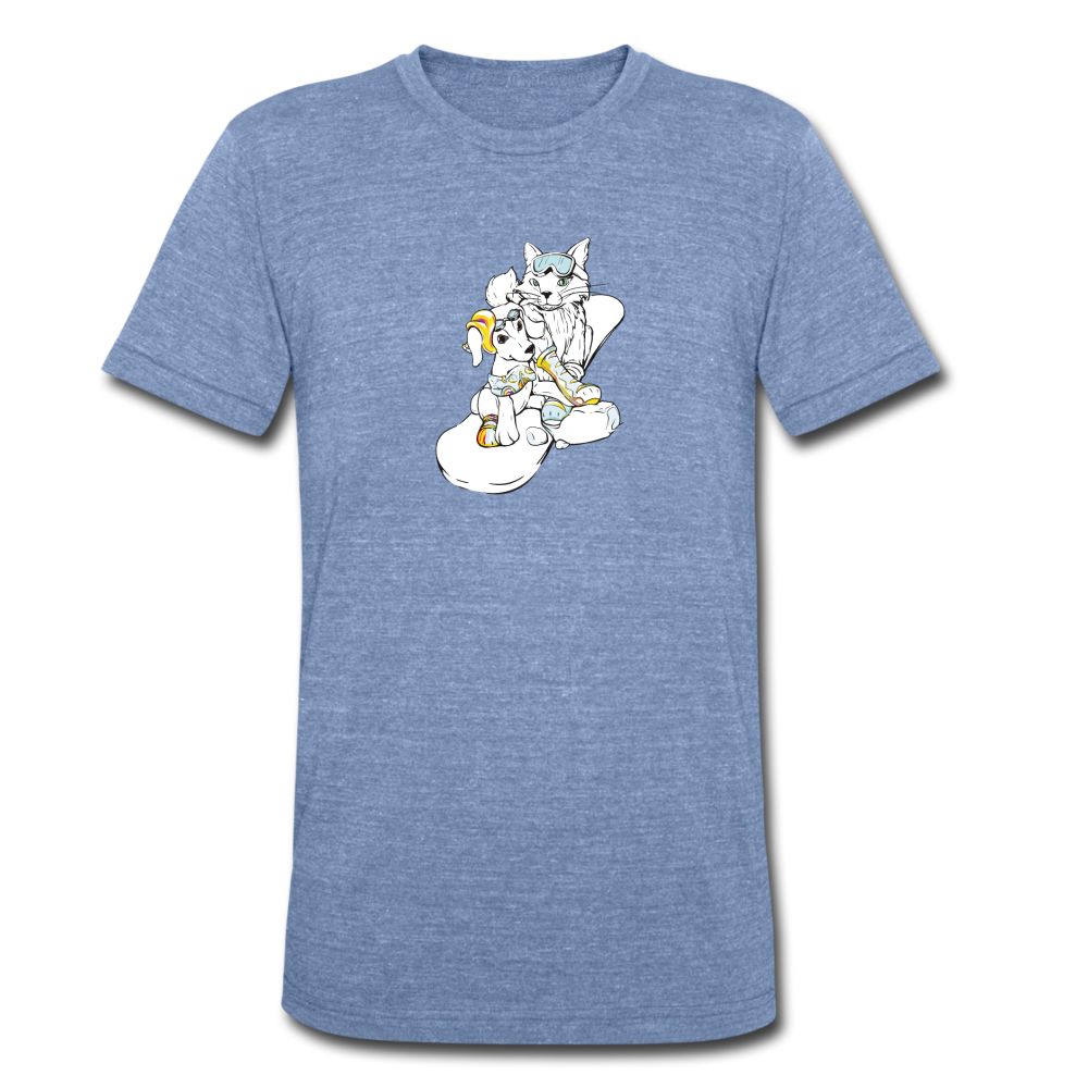 Unisex Tri-Blend T-Shirt - Snowboarding Cat and Dog - heather Blue