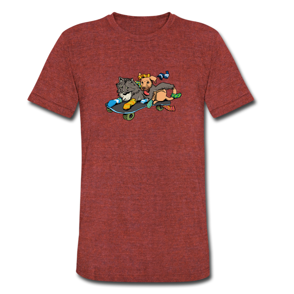 Unisex Tri-Blend T-Shirt - Skateboarding Cat and Dog - heather cranberry