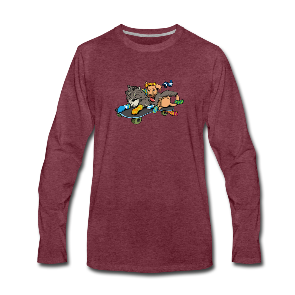 Men's Premium Long Sleeve T-Shirt - Skateboarding Cat And Dog - heather burgundy